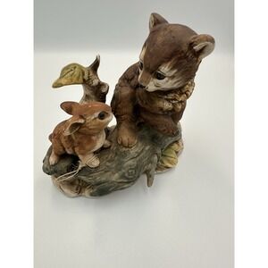 Vintage UCAGCO Japan Bear & Rabbit Figurine Ceramic Animal Woodland Scene 6"